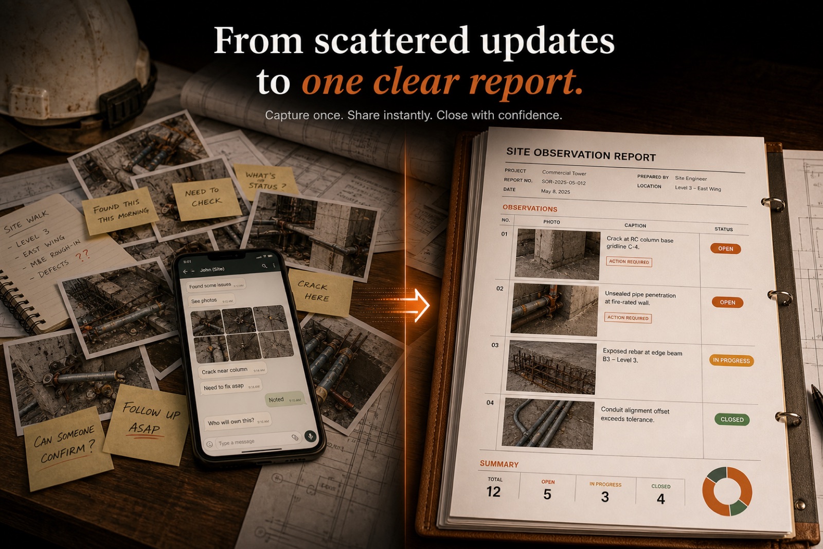 A messy stack of site photos and notes resolving into a single clean PDF report