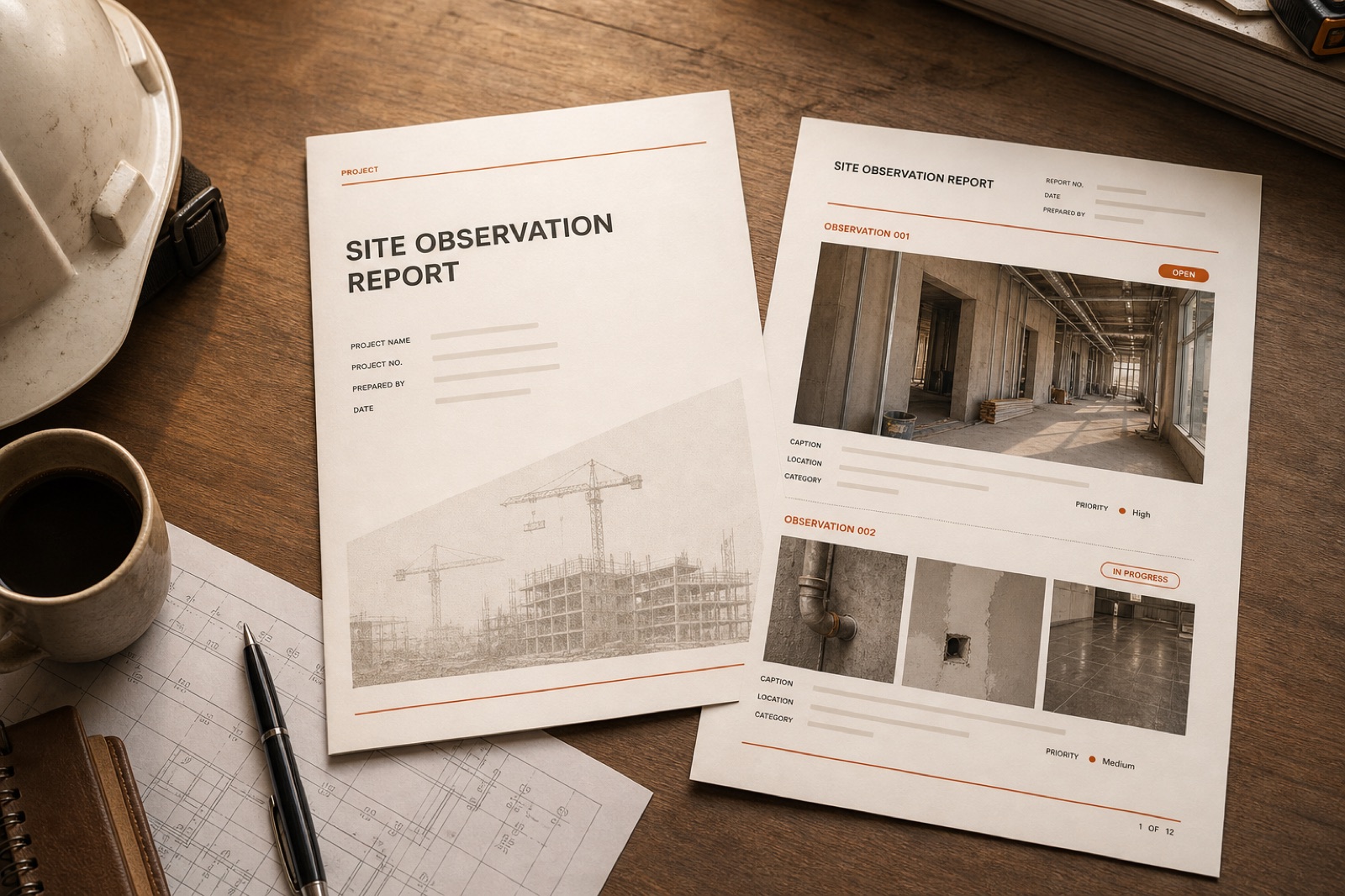 A printed SOR report showing site photos, captions, and the company branding
