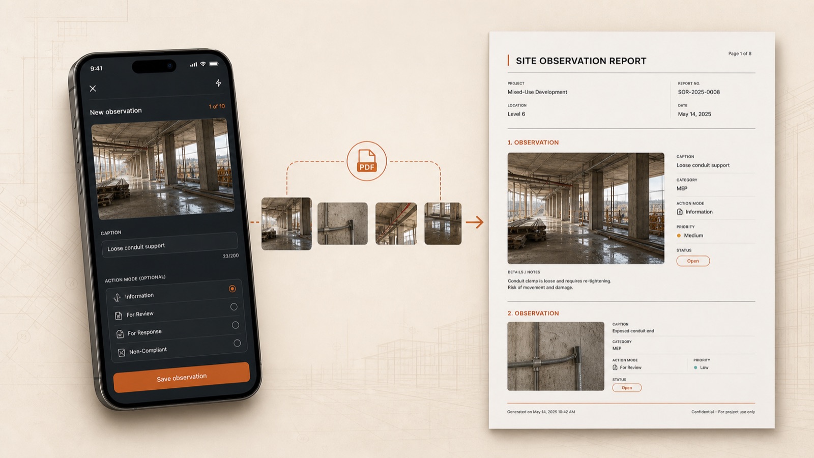 A phone full of site photos resolving into a clean printed PDF report
